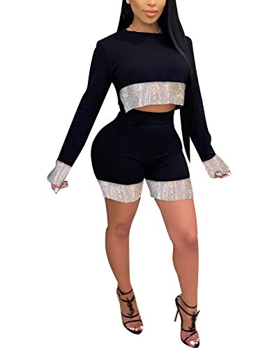 PORRCEY Women's Long Sleeve Casual 2 Piece Club Outfit Jumpsuit Crop Tops Bodycon Shorts (K8889,Black,L)