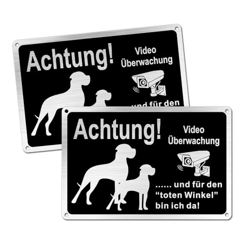 Goodvia Warnung vor dem Hund Schilder Lustig Metall Alu Gebürstetes 30x20cm (A4), Videoüberwachung Schild Schwarz 2Stück