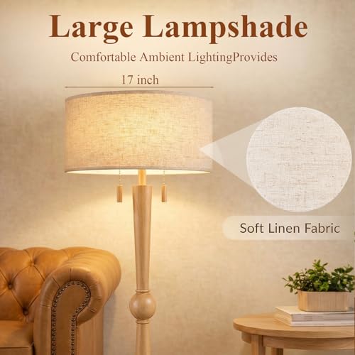 Image of MOFFE Solid Wood Floor Lamp for Living Room with Wooden Pull Chains | 62.8 inch Tall,Sculptural Wood Base & Stem,17 inch Linen Drum Shade,2-Light Standing Lamp for Bedroom & Reading Corner,Bulbs Included