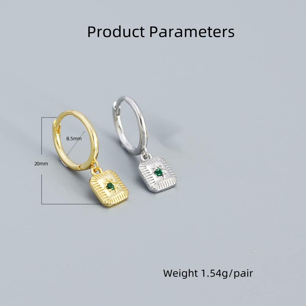 Vintage Square Drop Dangle Small Hoop Earrings for Women Girls 925 Sterling Silver Green CZ Star Charms Drop Dangling Huggie Hoops Cartilage Hypoallergenic Jewelry Gifts Christmas Birthday - Image 6