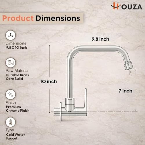 Image of HOUZA Brass Kitchen Sink Tap Faucet | Kitchen Tap with 360 Degree Flexible Swivel Spout | Water Saving Aerated Flow Kitchen Faucet for Sink (Chrome Finish, Silver)