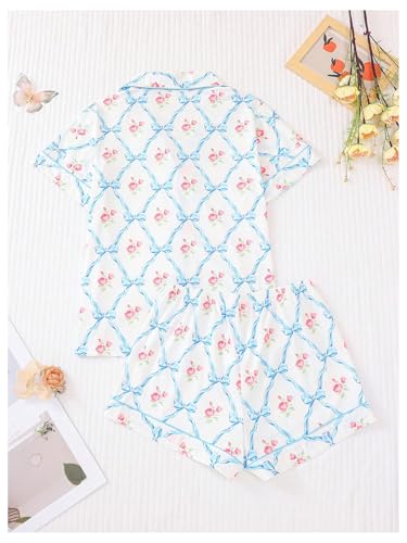 Image of Verdusa Women's 2 Piece Floral Bow Pajama Set Short Sleeve Button Down Shirt and Shorts Set