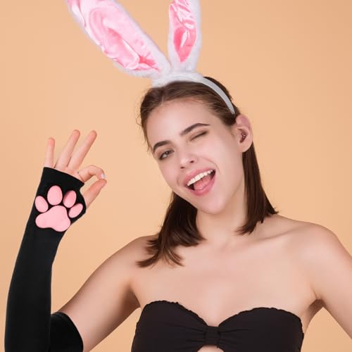 Telooco Langfingerige Katzenpaw-Mitzen mit 3D-Pink-Pad für Halloween-Cosplay