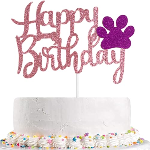 Happy Birthday Pink Cake Topper, With Cute Purple Paws Suitable for Puppy Birthday Cake Decorations Pet Themed Party Cake Decoration Supplies