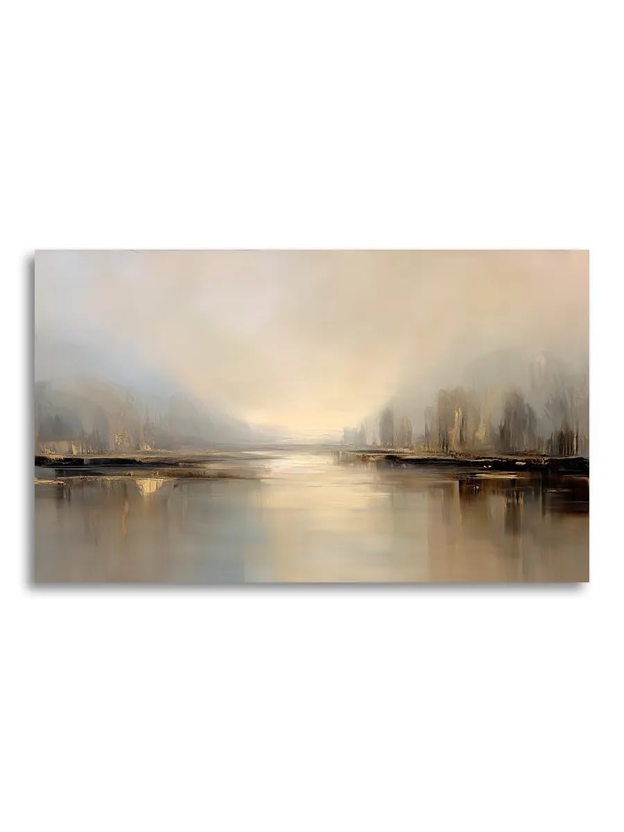 Lybceoug No Frame Neutral Misty River Canvas, Wabi-Sabi Calm Water Reflection Landscape Wall Decor(50X70cm/No Frame)