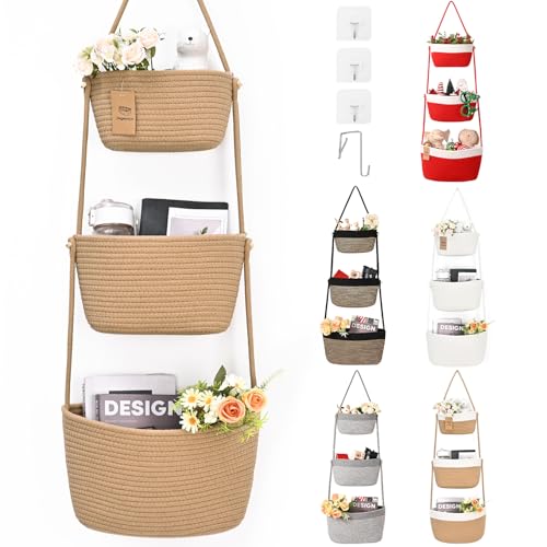 Image of Hanging Storage Baskets, Over the Door Basket, Cotton Wall Baskets Storage, Hanging Door Basket with 4 Hooks