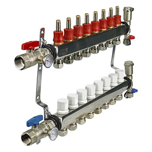 Image of Midline Valve NQT108 PEX Manifold 1 /2 in. for Radiant Heating System; with Valves, Vents, Gauges, and Mounting Brackets; Stainless Steel; 8 Port