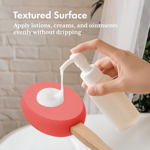 Image of AmazerBath Lotion Applicator for Back, Feet, 4 Replacement Pads with 17 inch Curved Handle, Back Sunscreen Applicator for Kids, Elderly, Women, Apply Skin Cream Medicine Moisturizer Tanner, Rose Red