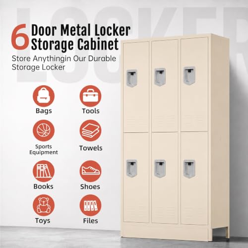 Image of BUTISOW 6 Door Metal Storage Locker for Employees, Heavy Duty Steel School | Locker with Lift Up Handle & Recessed Hasp, Gym Office Lockers with Adjustable Shelves & Hooks, Beige