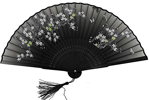 Libetui Handfächer Vintage Japan Stil Fächer Sakura aus Bambus und Stoff Dekofächer Kostüm Theater Sommer Hochzeit Geschenkbox Fächer Schwarz