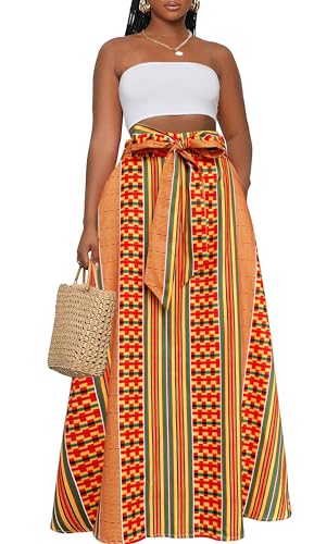 Afibi Womens Casual High Waist Tie African Print Long Maxi Skirt with Pockets (XX-Large Yellow)