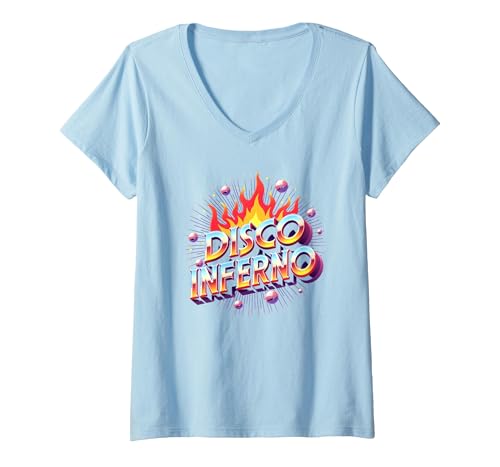 Photo de Disco Inferno: Retro Dance Party Fever Art Graphique T-Shirt avec Col en V, Femme, Bleu Céleste, XL