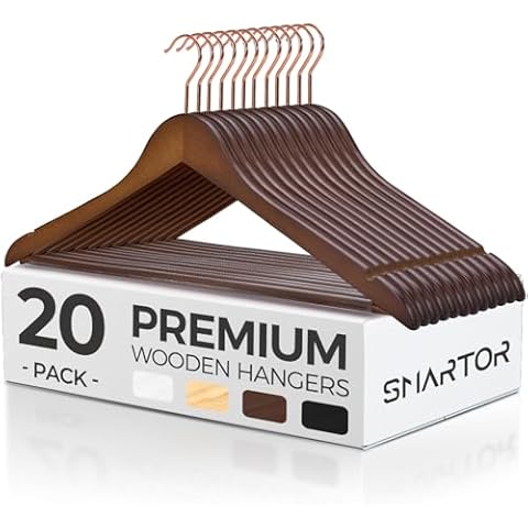 Smartor Wooden Hangers 20 Pack, Sturdy Coat Hangers for Closet, Quality Non Slip Hangers, Premium Heavy Duty Hangers, Durable Coat Hanger, Pants Hanger, Suit Hangers, with 360° Rose Gold Hook, Walnut Cover