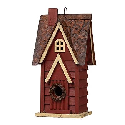 Glitzhome 12" H Hanging Birdhouse Retro Red Distressed Wooden Cottage Garden Bird House for Outdoor