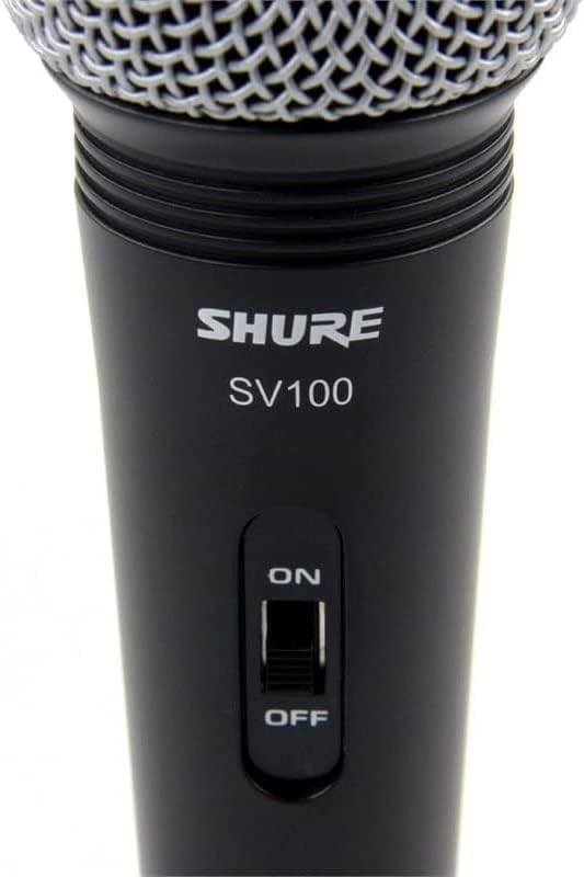 Close-up of Shure SV100-W microphone's On/Off switch