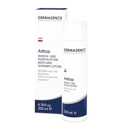DERMASENCE Adtop Lozione Lavante e Doccia 200 ml, detergente senza sapone per pelle secca e sensibile, con sale marino e bisabololo, pH neutro, vegan, adatta a bambini e adulti