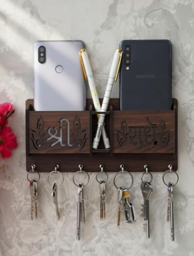 Image of CAPIO ART Wooden Wall Mounted Key Holder with 7 Hooks & Shri Radhe Design
