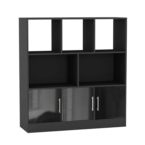 URBNLIVING Estantería asimétrica negra de 8 cubos, estantería de almacenamiento independiente con 3 puertas, puertas brillantes, color negro