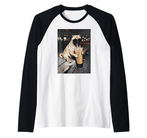 Pug Drinking Iced Coffee Sunglasses Funny Animal Meme Joke Raglan Baseball Tee