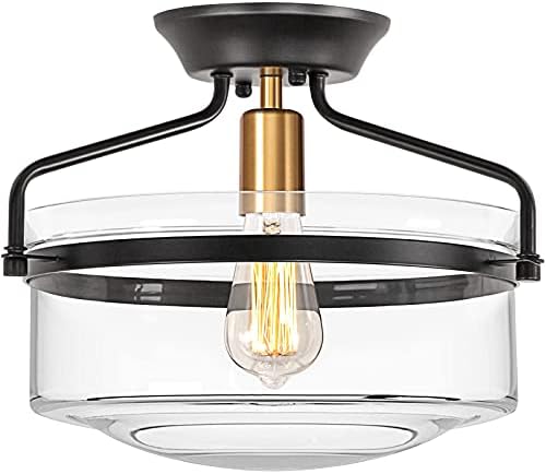 Ledsyonda Semi Flush Mount Ceiling Light, Farmhouse Ceiling Light Fixture E26 Base, Industrial Flush Mount Light Fixture for Hallway Porch Kitchen, Clear Glass Black and Gold Finish