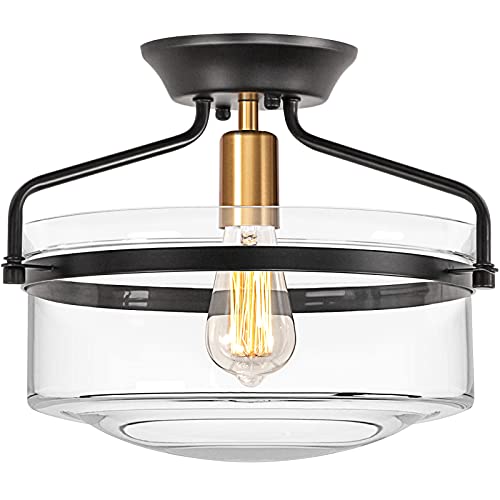 Ledsyonda Semi Flush Mount Ceiling Light, Farmhouse Ceiling Light Fixture E26 Base, Industrial Flush Mount Light Fixture For Hallway Porch Kitchen, Clear Glass Black And Gold Finish #TOP22