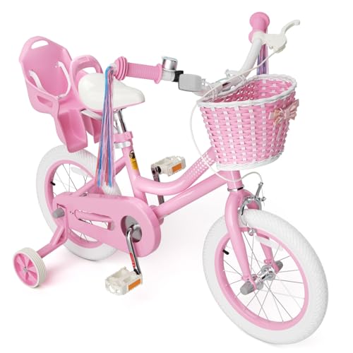 KORIMEFA Girls Bikes Ages 2-4 with Training Wheels 12 Inch, Little Small Kids Princess Toddler Bicycle with Streamers,Pedal Bike with Basket and Doll Seat, Coaster Brake, Birthday Gift, Pink