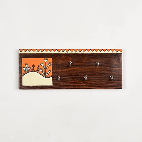 Image of Artysta 'Celebration of Life' Orange and White Wooden Key Holder for Wall Stylish Decorative Keychain Holder Key Hanger for Home Decor (5 Hooks)