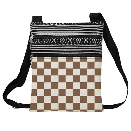 Brown Plaid Messenger Bag Small Ethnic Pattern Printed Adjustable Strap Crossbody Zipper Bag Brown Plaid Phone Bag Wallet Cute Shoulder Handbag for Women