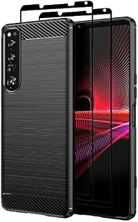 Teayoha Case for Sony Xperia 1 IV,with Tempered Glass Screen Protector [2 Pack], Carbon Fiber Scratch Resistant, Shock Absorption Soft TPU Drawing Protective Cases Phone Cover - Black