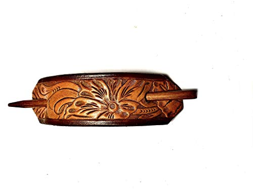 MADE IN AMERICA 100% GENUINE LEATHER HAIR BARRETTE WITH STICK…. CLIPPED CORNER DESIGN PONYTAIL HOLDER…... WESTERN FLOWER PATTERN HAIR CLIP CHOICE OF 5 OUTSTANDING COLORS BT 2104