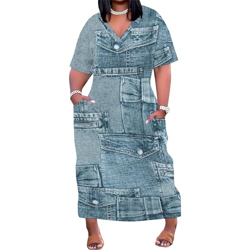 Image of SUZONANA Plus Size Denim Print Shirt Maxi Dresses for Curvy Women Casual Blue Jean Summer Outfits Long Short Sleeve Dress with Pockets Patchwork 6XL