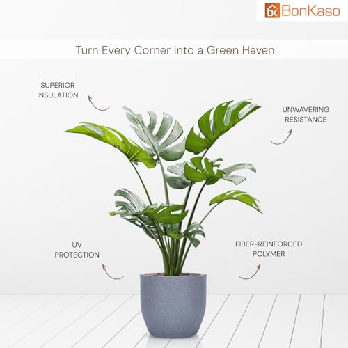 Image of BonKaso 8 Inch Jaguar Round Plant Pots | Highly Durable & Lightweight Polymer Planter for Indoor & Outdoor Use | Flower Pot (Gamla /Gamale) for Home, Office, Garden, Living Room & Balcony (Light Grey)