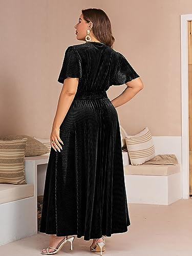Image of Simplee Women's V Neck Velvet Maxi Dress Short Sleeve Empire Waist Long Formal Dress for Wedding Guest
