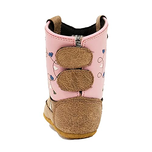 Old West Kids Boots Baby Poppets Leather Boots With Velcro Closure, Tan Vintage Foot/Pink Shaft, 3 Us Unisex Infant #TOP2
