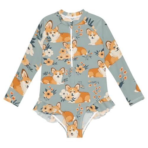 Girls One Piece Swimsuits Long Sleeve Swimsuit Zipper Bathing Suits Corgi Flower Cute