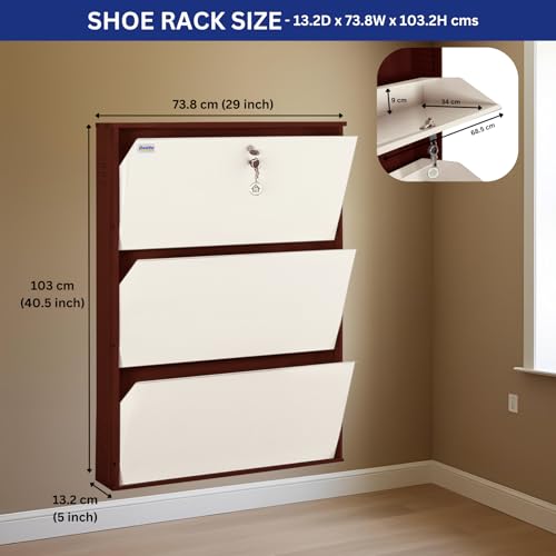 Image of DELITE KOM 29 Inch Wide, 3 Shelf Metal Shoe Rack Wall Mounted for Home with Central Lock | Holds Upto 12 Shoes or 18 Slippers Pair | 1 Year Warranty | (41 x 29 x 5, Coffee Ivory) | DIY | Space Saving