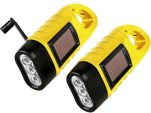 Paquete de 2 linternas solares LED de manivela para acampar al aire libre, senderismo, equipo de supervivencia, brillante, portátil, supervivencia, emergencia, con mosquetón, color amarillo [Clase
