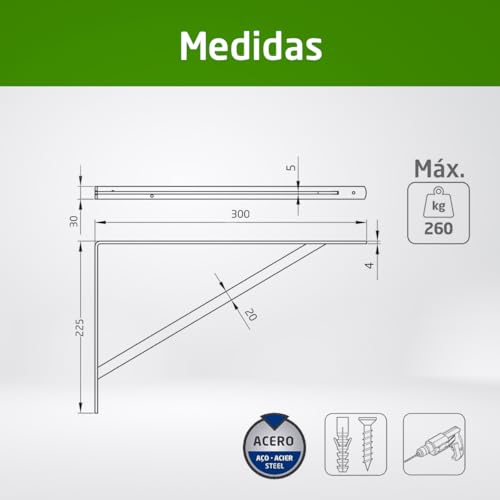 Amig - Palomilla para Estanterías de Pared - Escuadra Metálica para Baldas - Ángulo para Estantes - Soporte Estantería - Acero - Color Negro - Medida 300x225 mm - Peso Máx. Recomendado 260 Kg - imagen 6