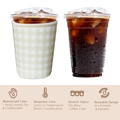 Image of Reusable Insulated Sleeve for Iced Coffee Cup, Coffee Neoprene Sleeve for Cold & Hot Drinks, Beverage Holder for Iced Coffee (Beige Gingham, Small: 16-18oz)