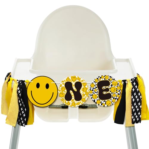 Therwen One Happy Dude High Chair Banner Lightning Smile Face First Birthday Banner Groovy Hippie Party Supplies for Kids 1st Birthday Baby Shower Photo Props(Vintage)