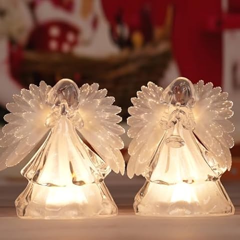 2 Pcs Light up Angel Figurines with Fiber Optic Wings, Trumpet Praying Angel Lights Statue Christmas Decorative Battery Operated Angels Snow Globe Mini Night Light for Bedroom Holiday Ornaments Cover