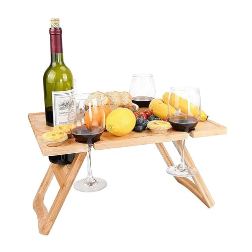 Table de pique-nique en bambou anti-renversement avec porte-verres pour sol instable