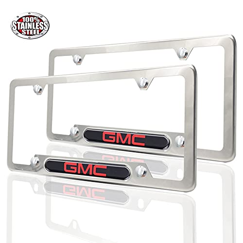 2Pcs for GMC Heavr Luxury License Plate Covers,Bright Silver Stainless Steel License Plate Frame Matching with Screw Set Fit for Yukon,Sierra,CANYOU,Terrain,Acadia,Etc.(4 Hole)