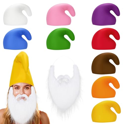 HOCUCHELAND 9 Piezas Sombrero de Enano, Gorro de Elfo con Barba Postiza, Gorro de Pitufo de Colores, Sombrero Puntiagudo para Adultos Niños Carnaval, Regalos Festivales, Fiestas Temáticas