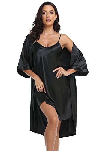 Women's Satin Robes 2 Piece Pajama Set Sexy Lingerie Robe Soft Sleepwear Silky Kimono Nightgown With Camisole Black Large #TOP4