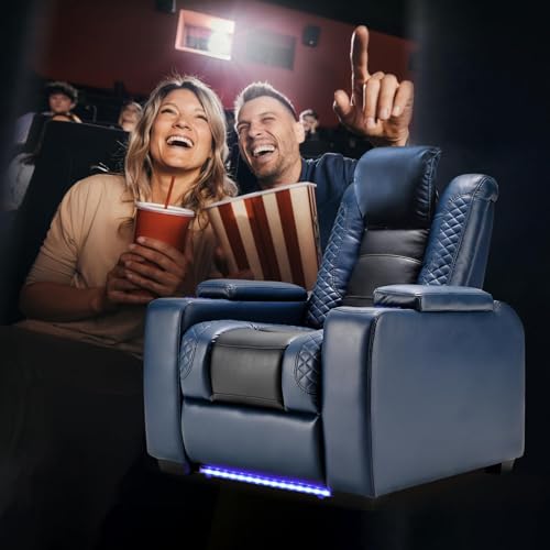 Image of ANJ Power Recliner Chairs Set of 4 for Adults, PU Leather Home Theater Seating with Adjustable Recline,LED Lighting,Arm Storage,USB,Cup Holders,Breathable Back, FSC Wood Frame,Blue