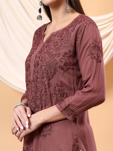 Image of POSHAK CHIKAN STUDIO Women's Hand Embroidered Lucknowi Chikankari Modal Straight Long Kurta, heer