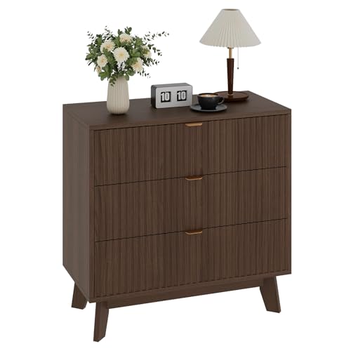 GarveeHome 3-Schubladen-Kommode Geriffelte Dunkelbraun Holz-Optik Moderner Mid-Century Stil Robuster Holzwerkstoff Für Schlafzimmer & Wohnzimmer Größe 80 x 40 x 78 cm