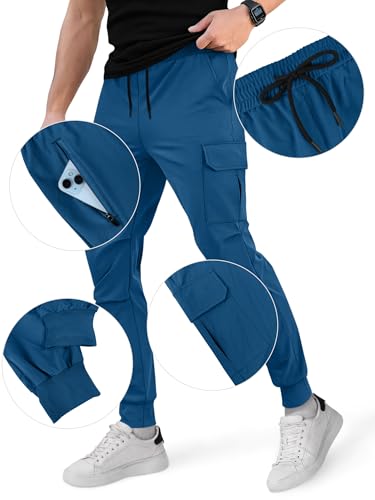 Crastimo Mens Hiking Pants Lightweight Thin Tapered Elastic Waist Drawstring Zipper Pockets Sweatpants Slim Fit Climbing Sports Cargo Joggers Blue M — view 5