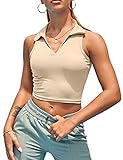 Women Workout Crop Top Built in Bra Ribbed Athletic Tank Tops Casual Sleeveless Collar Shirts Padded...